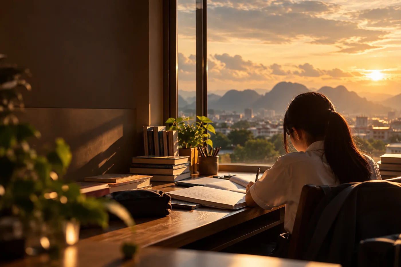 Illustrative artwork of a student studying by a window at sunset